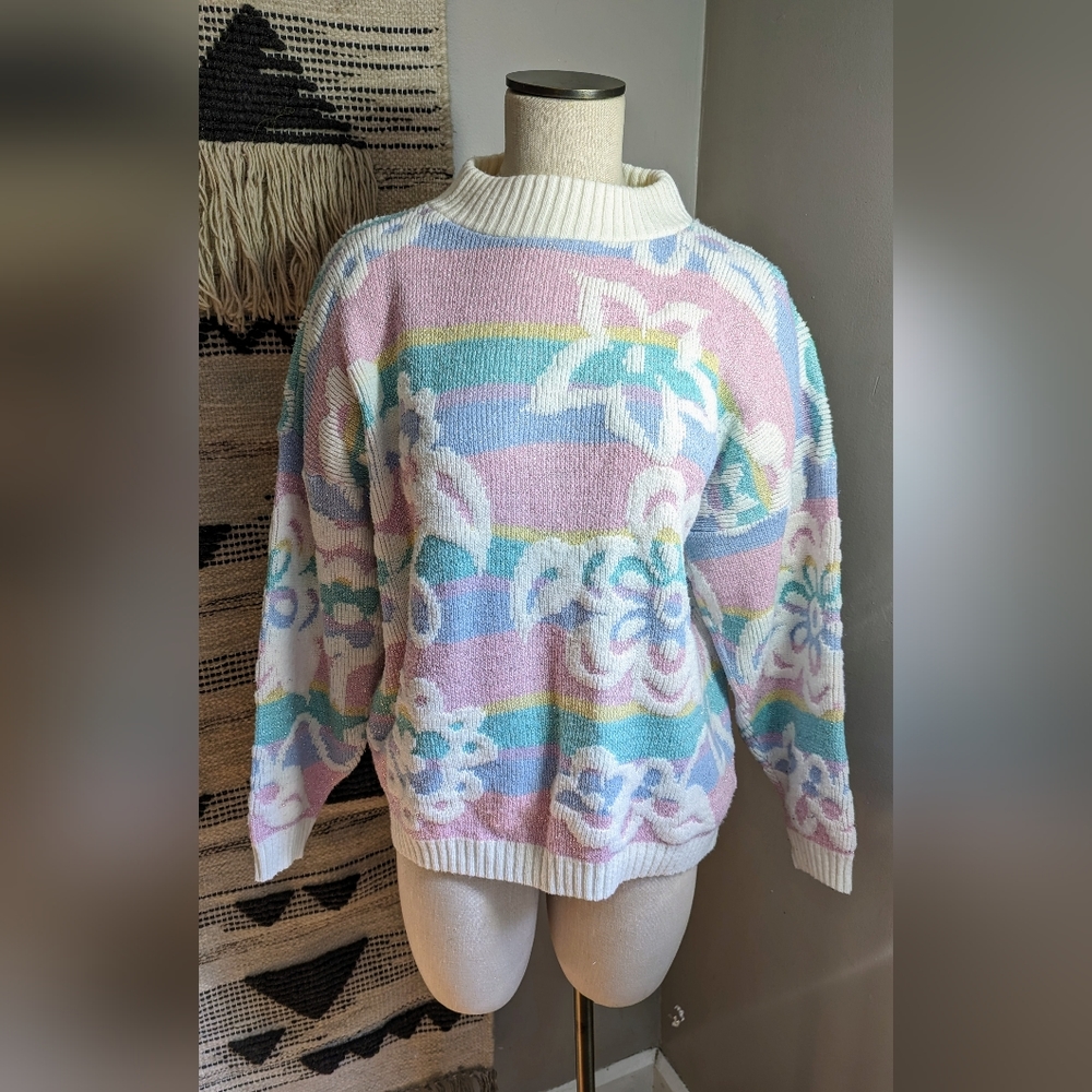 Vintage 80s 90s Pastel Flower & Stripe mock neck sweater size L